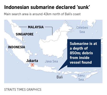 인도네시아 잠수함 '낭갈라402'함의 침몰 지역. 스트레이츠타임스 캡처