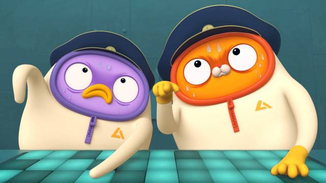 ‘마카앤로니’에서 주인공 마카와 로니는 실험실 가운을 입고 있어 평소엔 고양이, 펭귄이라는 설정이 잘 드러나지 않는다. /사진제공=CJ ENM