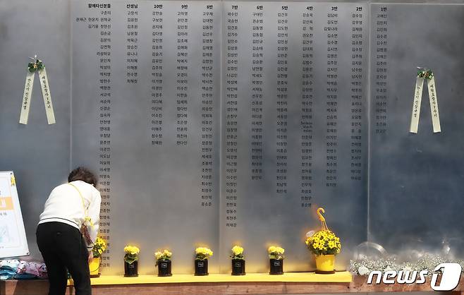 세월호 참사 7주기를 하루 앞둔 지난 4월15일 서울 광화문광장 세월호 기억공간에서 현장 관계자가 희생자들의 명단 앞에 화분을 올리고 있다. 2021.4.15/뉴스1 © News1 구윤성 기자