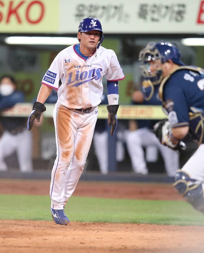 28일 대구 NC전에서 8회 득점을 올리는 삼성 김상수. 삼성 라이온즈 제공