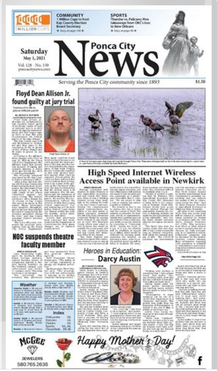 미 오클라호마주 퐁카시티 지역신문인 퐁카시티뉴스 1면에 호수에서 쉬고 있는 따오기들을 찍은 사진이 큼지막하게 실려있다. /퐁카시티뉴스 홈페이지