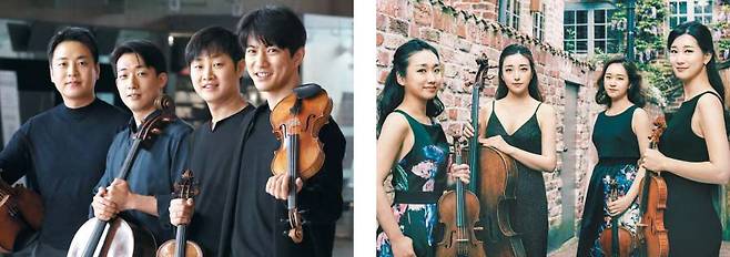 노부스 4중주단의 김규현(왼쪽부터)·이원해·김재영·김영욱. 에스메 4중주단의 배원희(왼쪽부터)·허예은·김지원·하유나. 한국은 ‘독주에는 강하지만 합주는 약하다’는 편견에 맞서는 젊은 강팀들이다. /오종찬 기자·김시후 사진작가