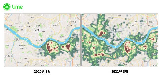 작년 3월과 올해 3월 기준 서울 지역 라임 킥보드 탑승 히트맵 자료