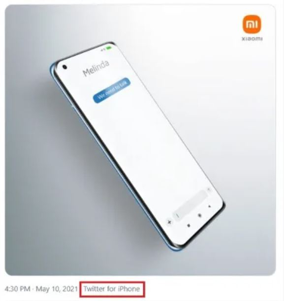 샤오미 스마트폰 'Mi 11'의 고속 충전 기능을 빌게이츠의 이혼에 빗대어 언급한 게시글. 샤오미 공식 계정에서 '아이폰'을 사용해 게시글을 업로드한 사실도 드러나면서 논란이 됐다. [샤오미 영국 트위터, 91모바일]