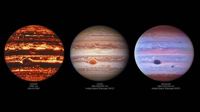 사진 왼쪽부터 적외선, 가시광, 자외선으로 촬영된 목성의 모습
