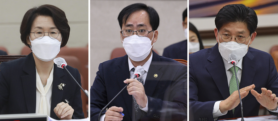 Ruling Democratic Party first-term lawmakers demanded Wednesday that President Moon Jae-in withdraw at least one of three cabinet nominees criticized for ethical lapses: Science minister-nominee Lim Hye-sook, left, oceans minister-nominee Park Jun-young, center, and land minister-nominee Noh Hyeong-ouk.  [YONHAP]