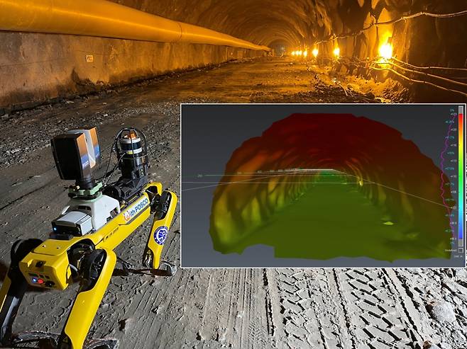 포스코건설이 최근 국내 최초로 '포천~화도 고속도로 4공구' 터널공사에고성능 측정장비를 탑재한 자율보행 로봇을 적용한 모습 /사진=포스코건설