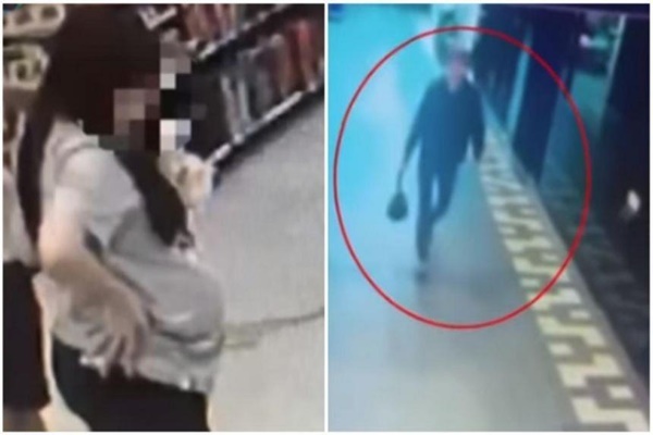 아이를 낳은 것으로 알려진 여성(왼쪽). 남성이 신생아가 담긴 것으로 보이는 쓰레기봉투를 가지고 가는 모습. 유튜브 영상 캡처