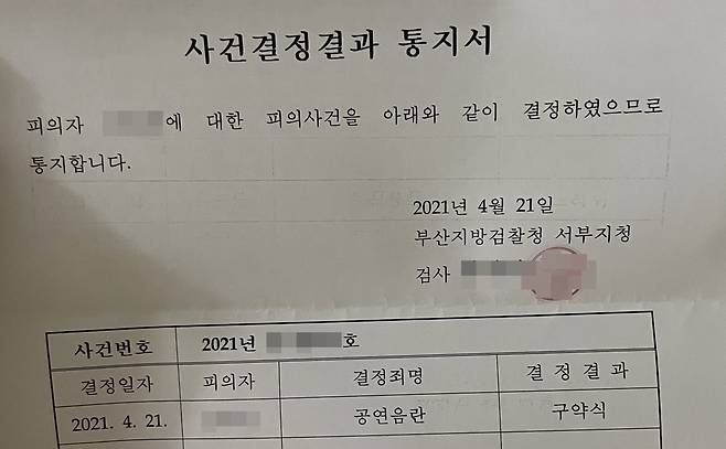 B씨에 대한 사건결정결과 통지서./독자제공