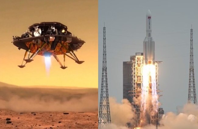 지난해 7월 23일 하이난 원창 우주발사장에서 창정-1에 실려 발사되는 톈원 1호(사진 오른쪽)과 화성에 착륙하는 모습(가상 이미지)