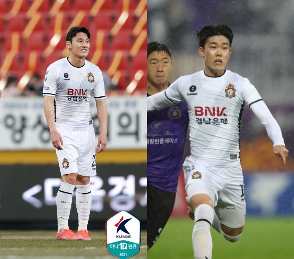 경남 이적 첫골을 신고한 김동진(왼쪽)과 프로 데뷔전 도움을 기록한 진세민. ⓒ프로축구연맹