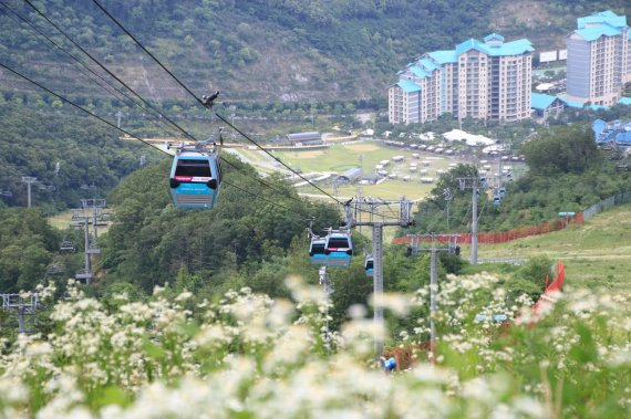 곤지암리조트 스키장 정상에 위치한 스카이 휴게소를 오르는 곤돌라와 리조트 전경 /사진=곤지암리조트