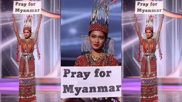 미스 미얀마 투자 윈 린이 미국에서 열린 미스유니버스대회에서 전통의상을 입고 '미얀마를 위해 기도를' 팻말을 들었다. SNS 캡처
