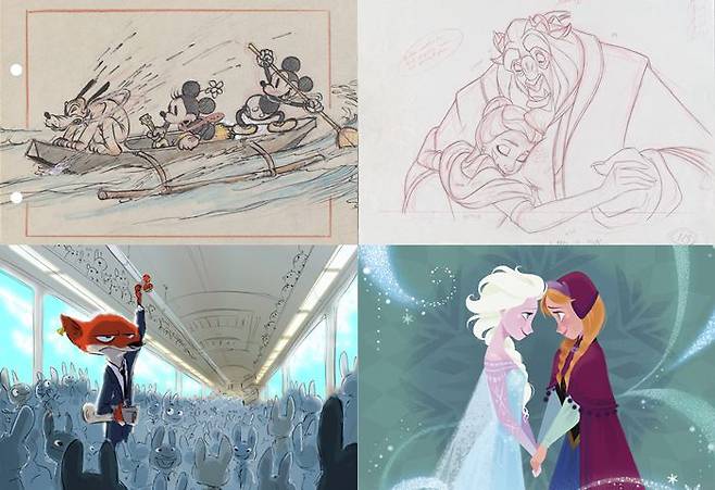 출처: 사진 ©Disney Enterprises, Inc (왼쪽부터 시계방향) <그 여름의 하와이> 1937년, <미녀와 야수> 1991년, <겨울왕국> 2013년, <주토피아> 2016년