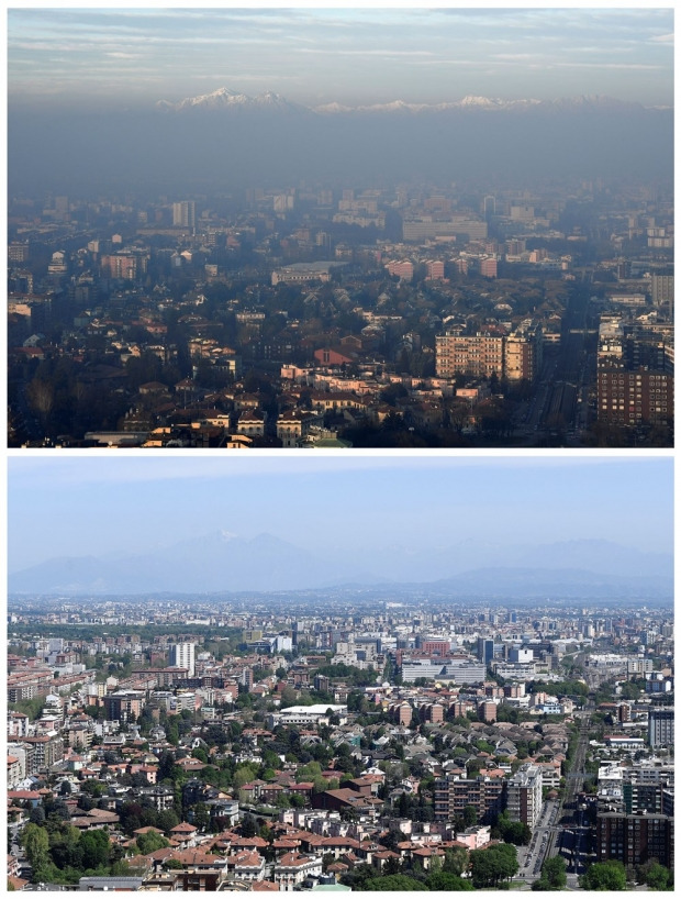 유럽에서 가장 대기오염이 심한 곳으로 꼽히는 이탈리아의 경제 중심지 밀란. 2020년 1월 8일(사진 위)은 자욱한 스모그로 가득차 있으나 같은해 4월 17일 촬영된 하늘은 맑다. 사진=로이터 연합뉴스　