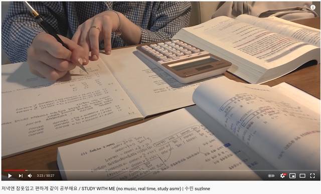 '스터디윗미'(Study with me) 콘텐츠가 관심을 받고 있다. 사진은 유튜브 채널 '수린 suzlnne' 콘텐츠. /유튜브 수린 채널 캡처