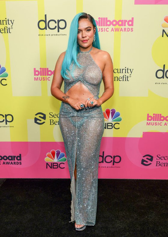 LOS ANGELES, CALIFORNIA - MAY 23: In this image released on May 23, Karol G poses backstage for the 2021 Billboard Music Awards, broadcast on May 23, 2021 at Microsoft Theater in Los Angeles, California. (Photo by Rich Fury/Getty Images for dcp)