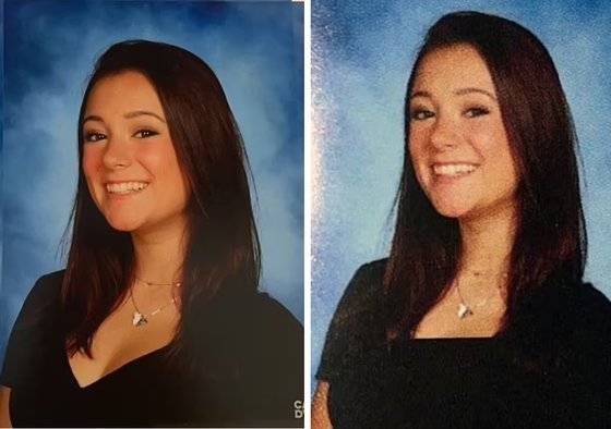 미국의 한 고교가 포토샵으로 여학생들의 가슴골을 가린 뒤 졸업앨범에 실어 논란에 휩싸였다. 왼쪽이 원본 사진, 오른쪽이 졸업앨범에 실린 사진이다. 학교는 원래 사진이 노출이 심하다는 이유로 여학생 80여 명의 사진에 이런 조치를 했다. [트위터 캡처]