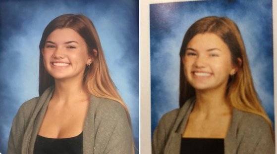 왼쪽이 원본 사진, 오른쪽이 학교가 포토샵한 사진이다. [트위터 캡처]