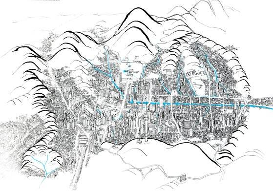 서울은 개발연대에 인구가 폭발적으로 늘어나며 산등성이까지 주택들이 빼곡하게 들어찼다. 왼쪽의 인왕산과 안산에서 효창공원쪽으로 내려오는 산줄기와 오른쪽 낙산 줄기 위의 집들을 걷어내니 서울의 뼈대가 그대로 드러난다. 그림=안충기
