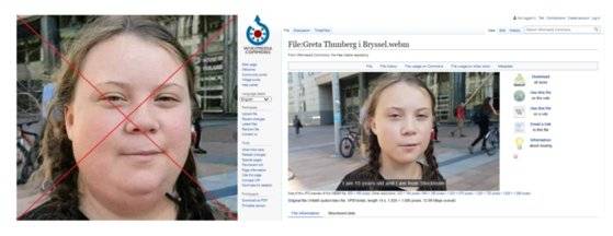 AFP통신은 툰베리의 실제 사진(오른쪽)을 조작해 뚱뚱해 보이도록 만든 가짜 사진(왼쪽)이 인터넷 상에 돌고 있다고 지적했다. [AFP통신]