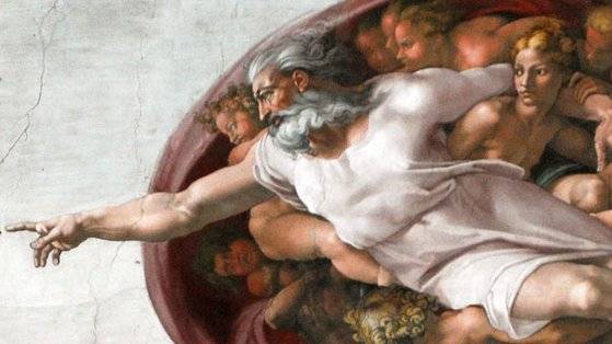 미켈란젤로의 작품 '천지창조'에서 아담을 창조하고 있는 하느님의 모습이다.