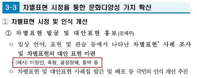 제1차 문화다양성 보호 및 증진 기본계획 '미망인, 흑형, 결정장애, 틀딱 등 (빨간표시)'과 같은 차별표현 사례를 조사하고, 대안표현을 마련한다는 문체부의 계획을 확인할 수 있다. 이러한 표현을 법으로 금지한다는 내용은 나와 있지 않다.