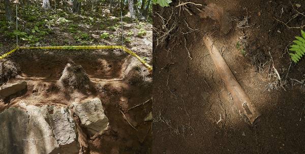 장병들이 유해의 ‘단서’를 발굴한 뒤 국방부 감식단이 전문적으로 수습할 수 있게끔 설정된 출입금지 라인(왼쪽)과 이들의 추가 발굴 작업을 통해 드러난 유해.