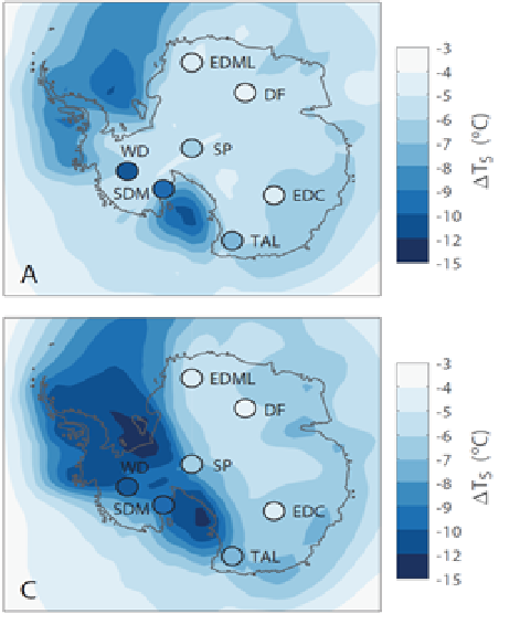 간빙기(위쪽)와 빙하기의 온도 분포. 서남극이 빙하기 때 동남극보다 낮은 온도를 보였다. [자료=안진호교수 연구실]