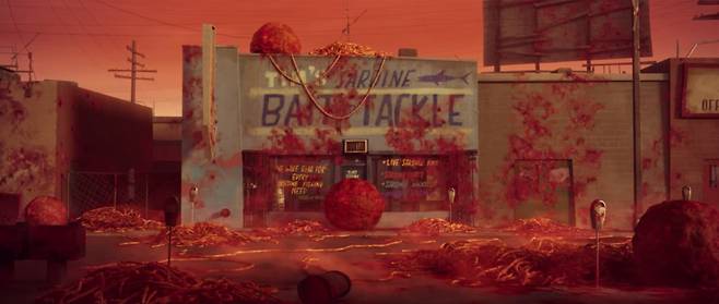 애니메이션 영화 '하늘에서 음식이 내린다면'에서 미트볼과 스파게티 회오리가 불어닥친 장면./소니 픽쳐스