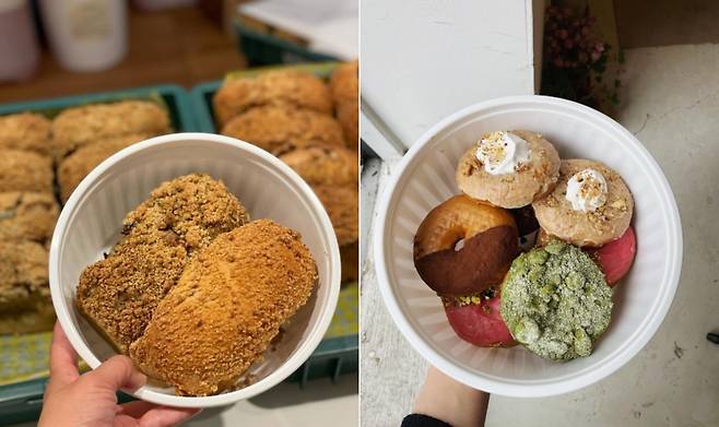 다회용 용기에 비건 빵과 도너츠 등이 담긴 모습./사진=알맹상점 인스타그램