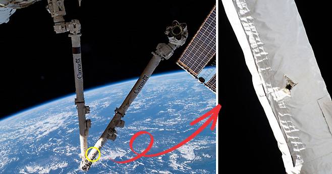최근 우주쓰레기에 맞아 동체에 구멍이 뚫린 국제우주정거장(ISS) 로봇팔의 모습. 열을 막는 차폐막도 찢어졌다.  캐나다우주국 제공