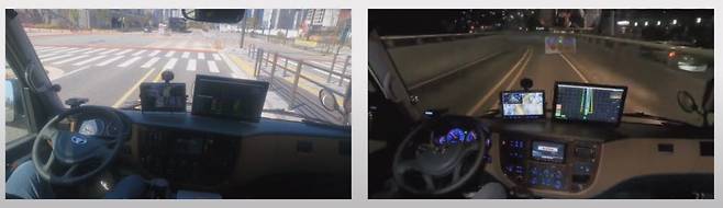 오토노머스에이투지가 세종시 가선급행버스체계(BRT) 노선에서 15인승 자율주행 셔틀 미니버스를 운행하는 주·야간 장면.