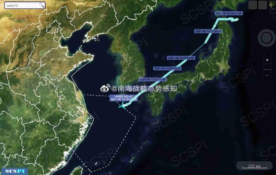베이징대 싱크탱크인 남중국해전략태세감지계획(SCSPI)은 10일 오전 미 해군 트리톤(MQ-4C) 무인정찰기가 중국 동해상에 진입했다고 밝혔다. [웨이보 캡쳐]