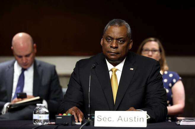 US Secretary of Defense Lloyd Austin listens during a hearing with the Senate Armed Services Committee on Capitol Hill on Thursday in Washington, DC. (AFP-Yonhap)