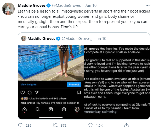 호주의 대표적인 여성 수영선수가 스포츠계 '여성 혐오 변태'들에 경고를 날리겠다는 의미로 올림픽 출전을 거부했다. /사진=매디 그로브스 트위터 캡처