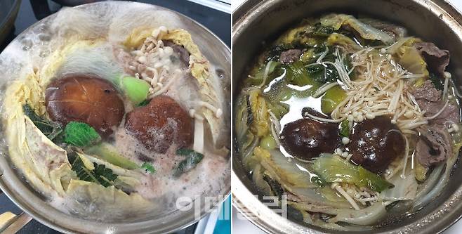 밀푀유를 세로로 세워서 냄비 높이에 맞춰 잘라 겹쳐줘야 하는데, 가로로 그대로 넣어주면 오른쪽처럼 비주얼적으로 실패할 수도 있다. 쏘리.(사진=김범준 기자)