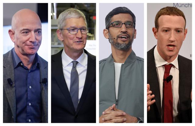 제프 베이조스(왼쪽부터) 아마존 최고경영자(CEO,) 팀 쿡 애플 CEO, 순다르 피차이 구글 CEO, 마크 저커버그 페이스북 CEO. AP 연합뉴스