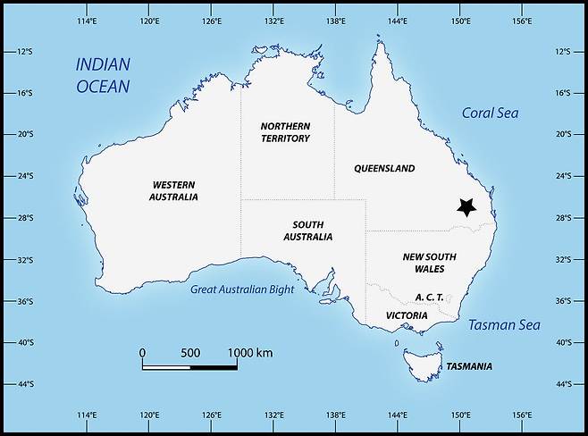 신종 악어 화석이 발굴된 호주 퀸즐랜드주 남동부 지역인 달링다운스(★ 모양으로 표기)의 위치를 나타낸 지도.