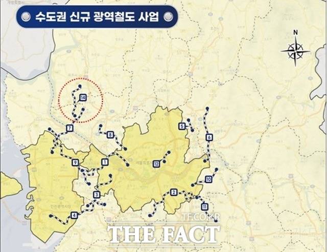 제4차 국가철도망구축계획(안)에 대장~홍대선이 포함돼 '고양덕은 도시개발사업' 구역 안에 덕은역 신설이 예상된다. 1번 선이 대장-홍대선 예상 노선도./제4차 국가철도망구축계획(안) 발췌