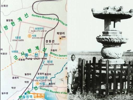 스스로 미륵이라 불렀던 태봉국 군주 궁예가 현 철원 홍원리에 건설한 궁궐 철원성 위치도(사진 왼쪽). 비무장지대 한가운데 위치해 있어 접근이 불가능하다. 도성 남문 앞에 세워져 있었다는 태봉석등(오른쪽)은 6·25전쟁 이후 사라져 행방을 알 수 없다(철원군 제공).