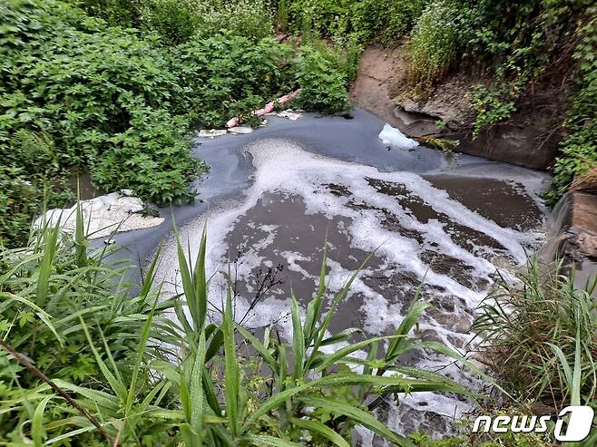 쿠팡 덕평물류센터 화재 진화에 사용된 오염수가 인근 하천으로 흘러들고 있는 모습.(송석준 의원 제공)© News1