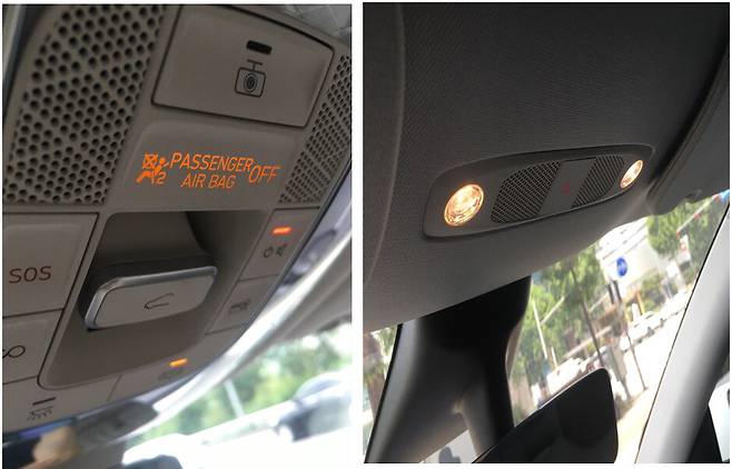 현대차 GV80 운전석 위 실내등(왼쪽)과 테슬라 모델Y 실내등(오른쪽)에 붙은 버튼