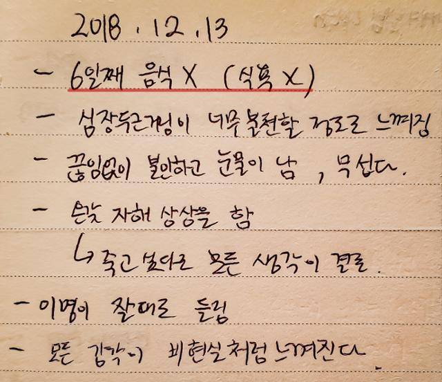 이진솔씨가 섭식장애 극복을 위해 꾸준히 썼던 식사 일지와 감정 일기. 일주일 가까이 음식을 먹지 않자 나타난 증상들에 대해 자세히 기록했다. 그는 식이장애와 동반된 우울증을 함께 앓았다. 이진솔씨 제공