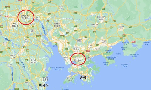사진=구글 지도, 광저우시(북쪽 원)와 선전시(남쪽 원)