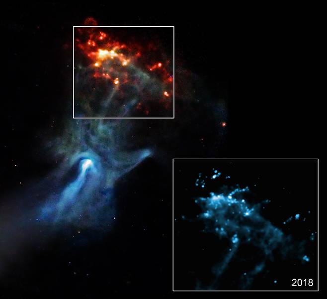 NASA의 찬드라 X선 우주망원경이 심우주에서 거대한 ‘우주의 손’을 발견했다. 150광년 길이의 이 ‘손’은 초신성 폭발에서 나온 별의 잔재로 만들어진 것이다.(사진=NASA/SAO/NCSU/Borkowski et al.)
