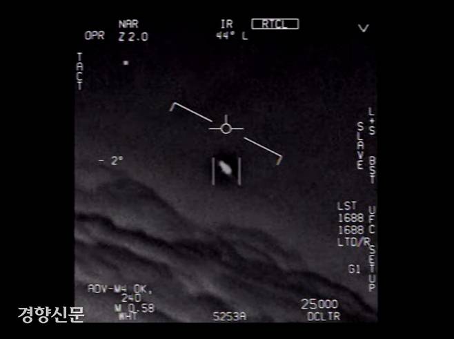 2020년 공개된 UFO의 모습. 미 해군 전투기에 의해 식별된 영상이다. 미국 정부 제공
