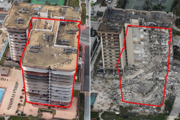 붕괴된 아파트의 사고 전과 후 모습