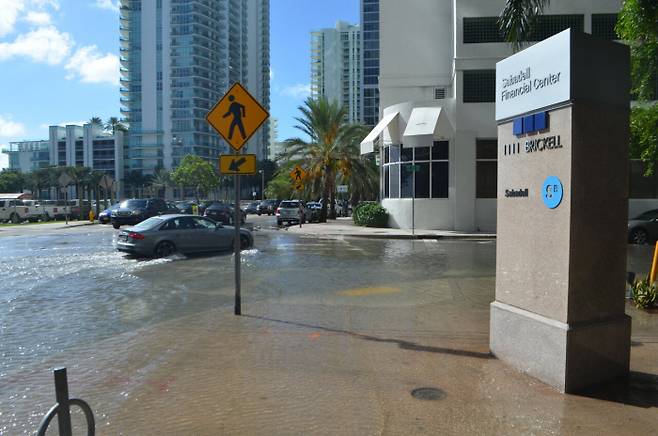 2016년 10월 미국 플로리다주 마이애미 시내가 바닷물에 침수됐다. 해수면 상승의 영향으로 폭풍이 없는 맑은 날에도 바닷물이 육지로 밀고 들어오는 현상이 세계 해안가에서 빈번해지고 있다.  미국항공우주국(NASA) 제공