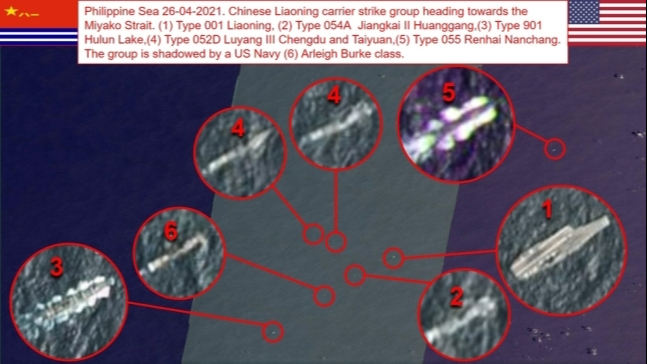 중국 항모전단 진형 깨고 들어간 미국 구축함. 1번이 중국 해군 항공모함 랴오닝함이며 2∼5번은 중국 항모전단의 호위함들. 6번이 미 해군 구축함. 트위터 계정 OSINT-1
